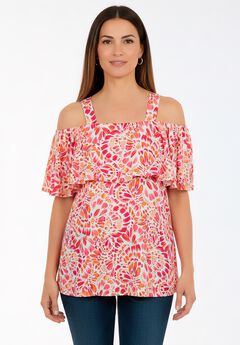 Stretch Knit Cold Shoulder Ruffle Tunic