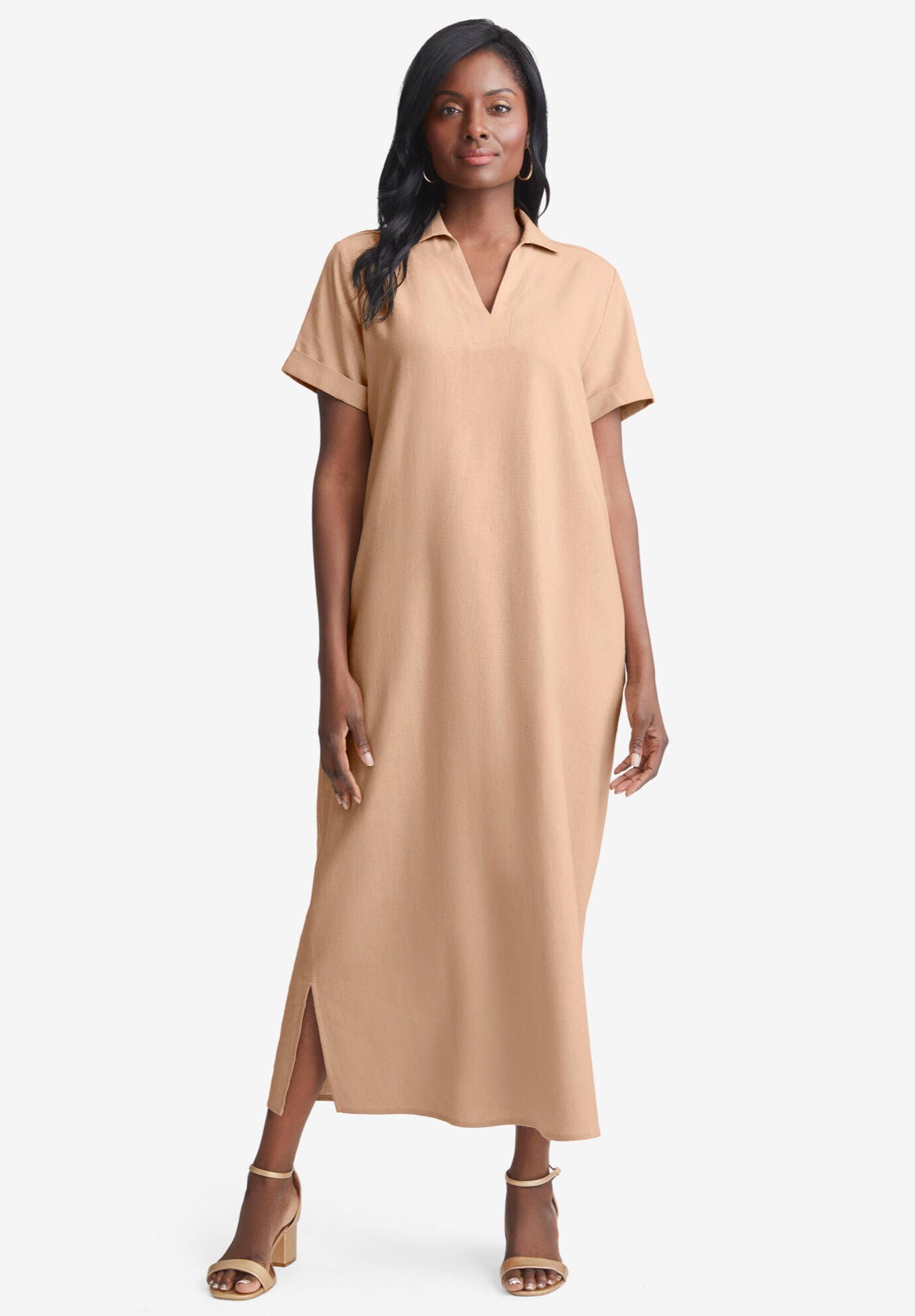 Linen Short Sleeve Maxi Dress, , on-hover image number 1