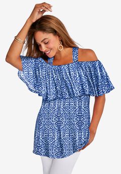 Stretch Knit Cold Shoulder Ruffle Tunic