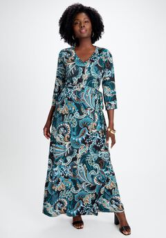 Stretch Knit Faux Wrap Maxi Dress