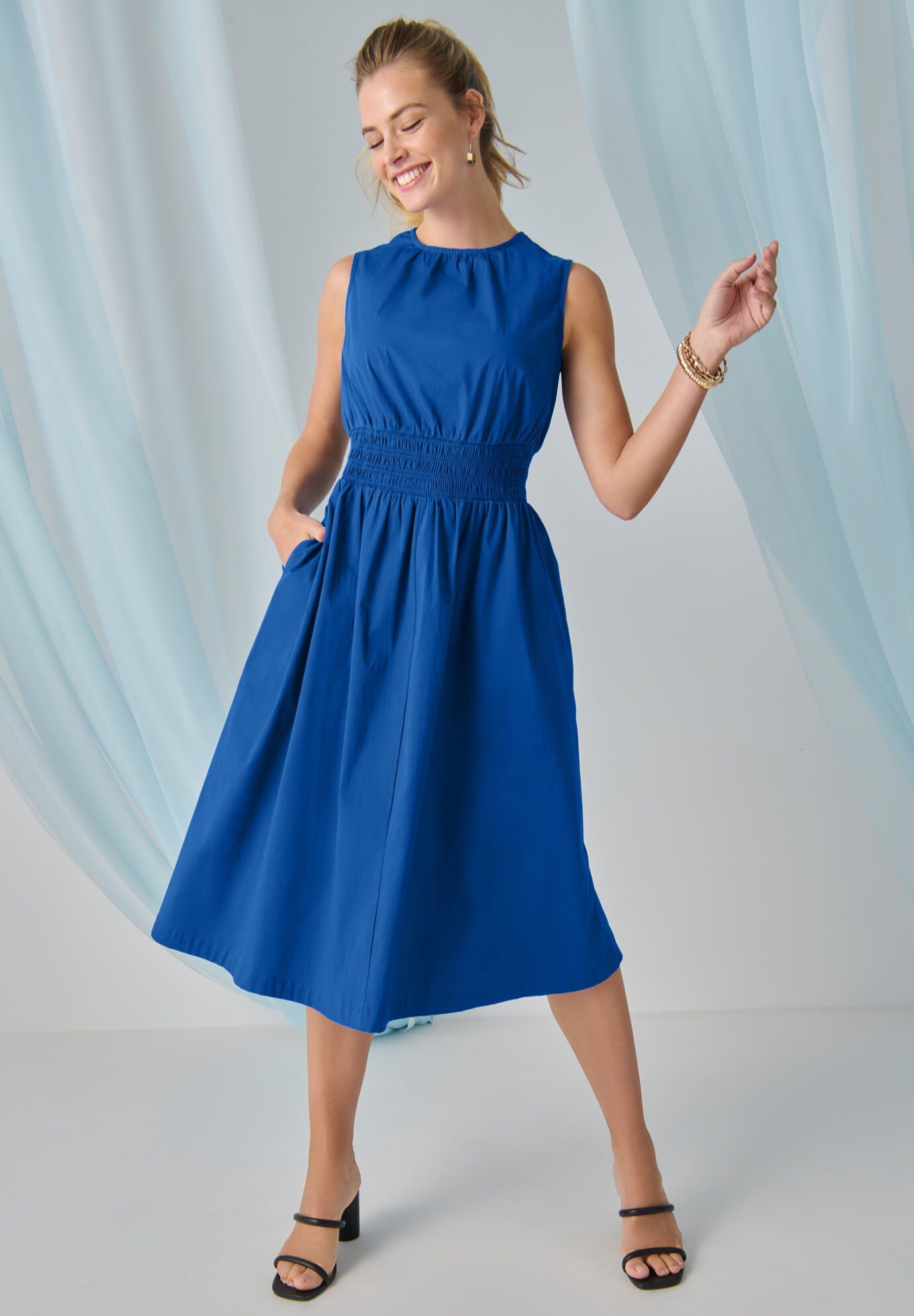 Smocked Poplin Midi Dress, DARK SAPPHIRE, hi-res image number 0