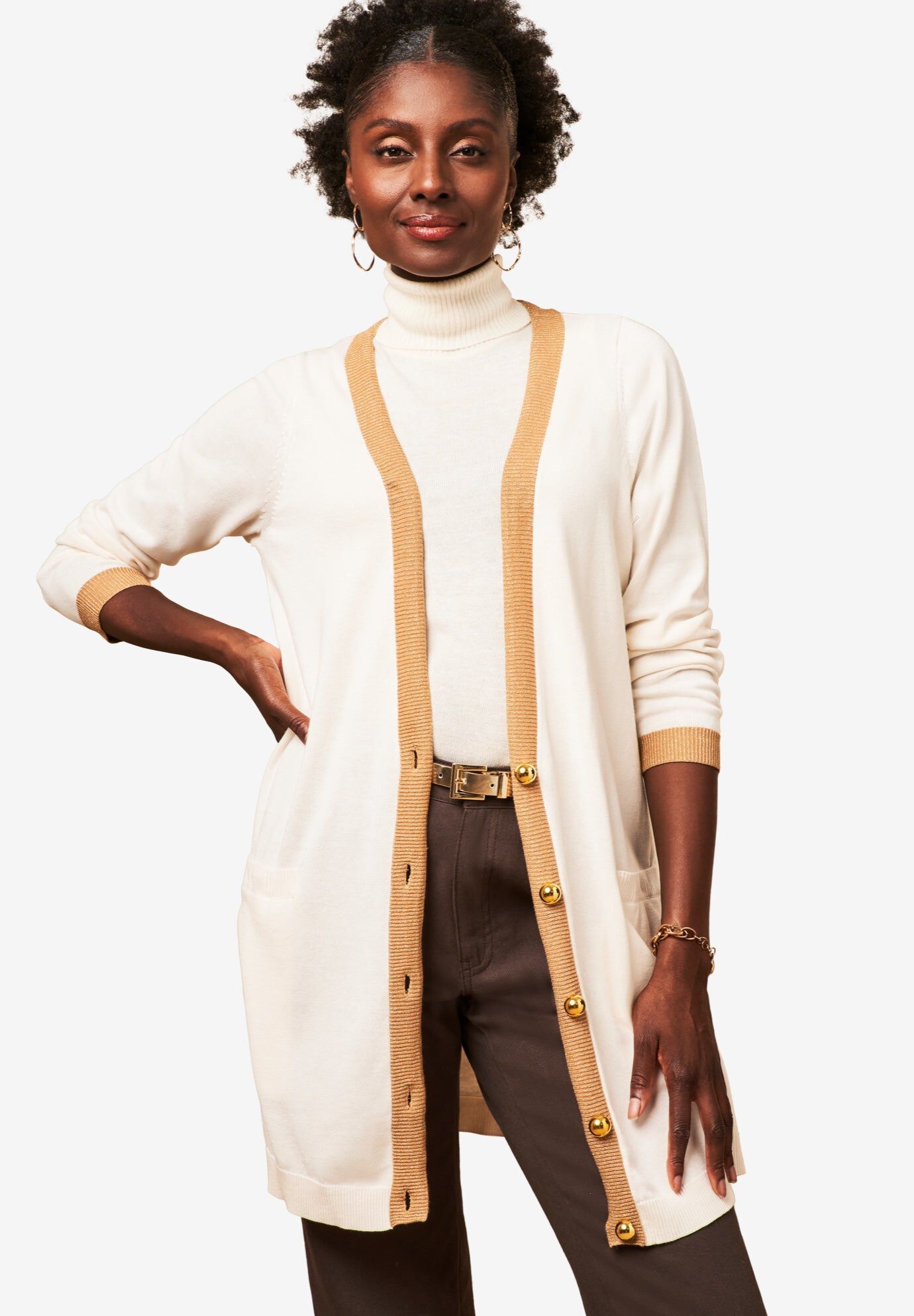 Tipped Button Front Cardigan, IVORY GOLD SHIMMER, hi-res image number 0