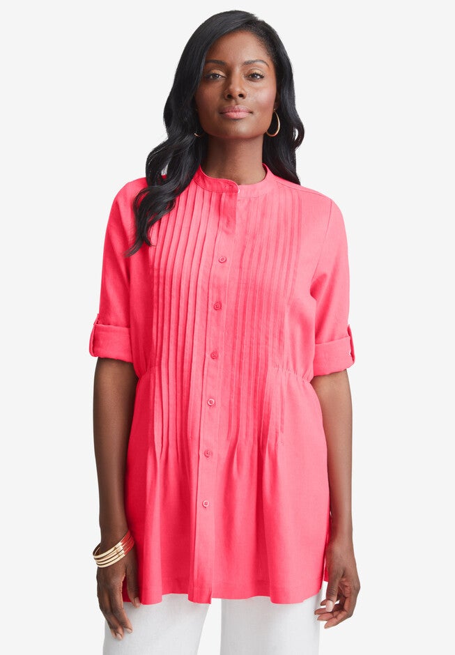 Linen Pintuck Button Front Blouse FitandFlare, 4477643 Woman Within