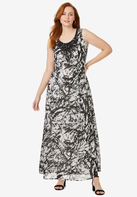 Printed Maxi Dress, BLACK WHITE ABSTRACT, hi-res image number null