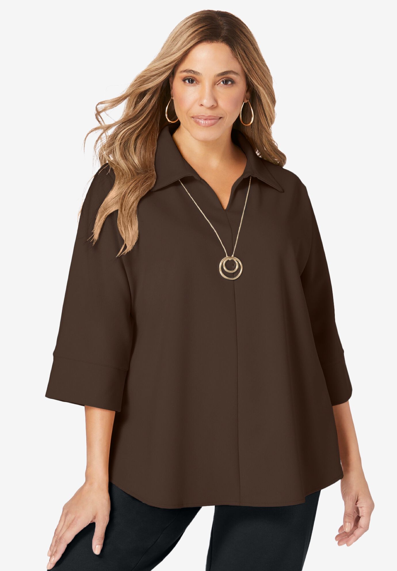 Knit Crepe Trapeze Tunic, CHOCOLATE, hi-res image number 0