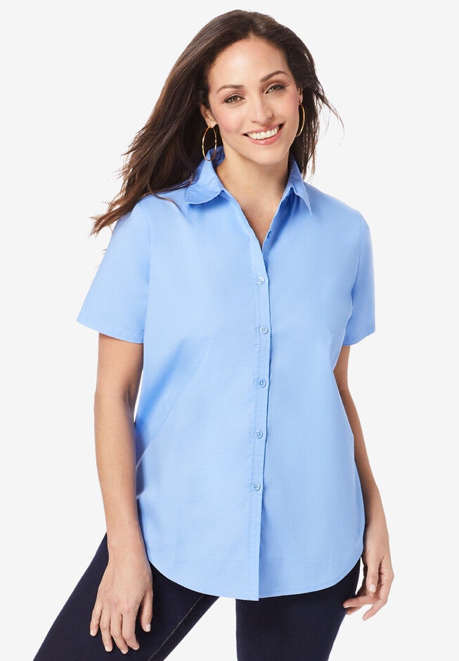 Short Sleeve Stretch Cotton Poplin Shirt, FRENCH BLUE, hi-res image number 0