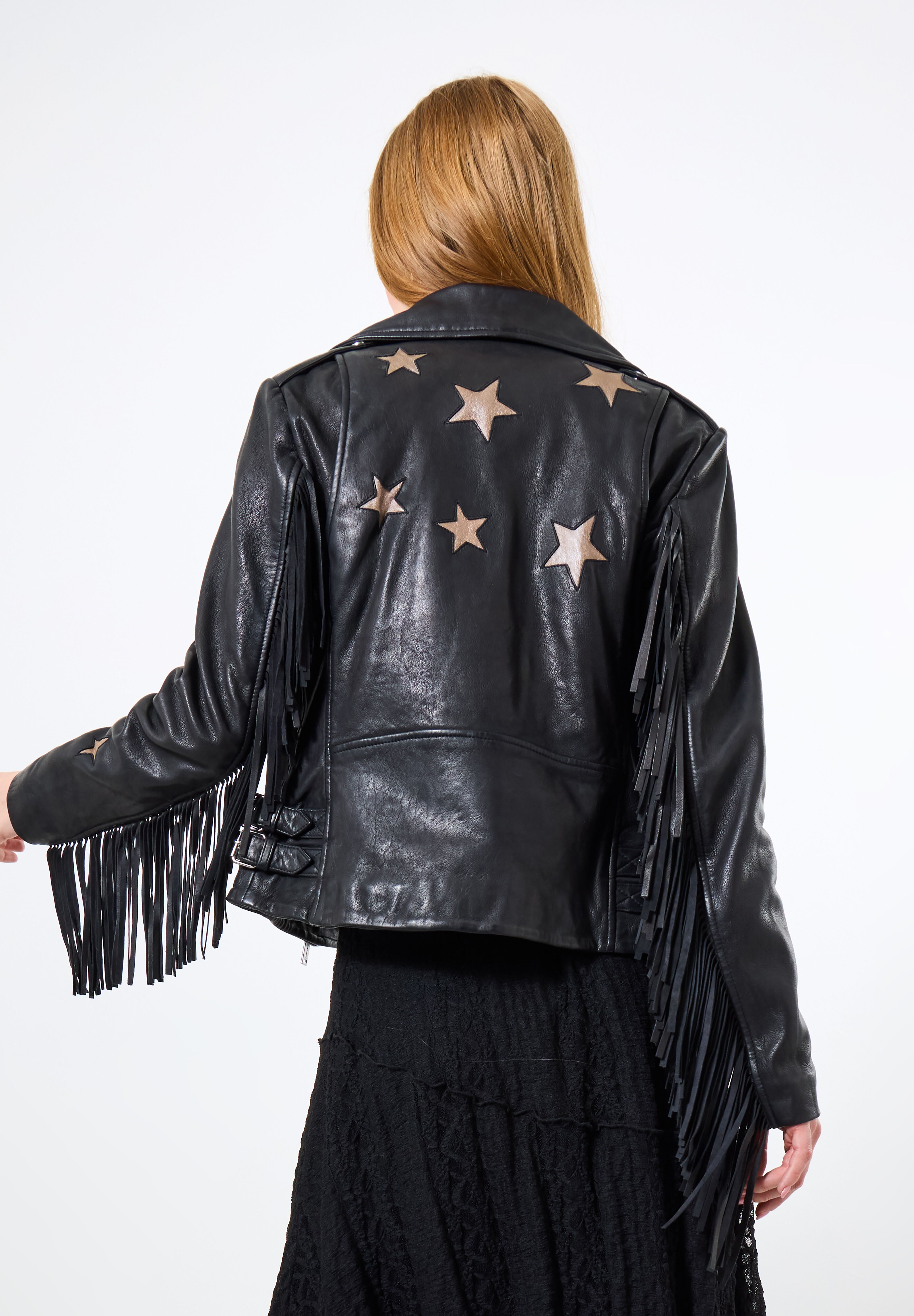Fringe Moto Leather Jacket, METALLIC STARS, on-hover image number 1