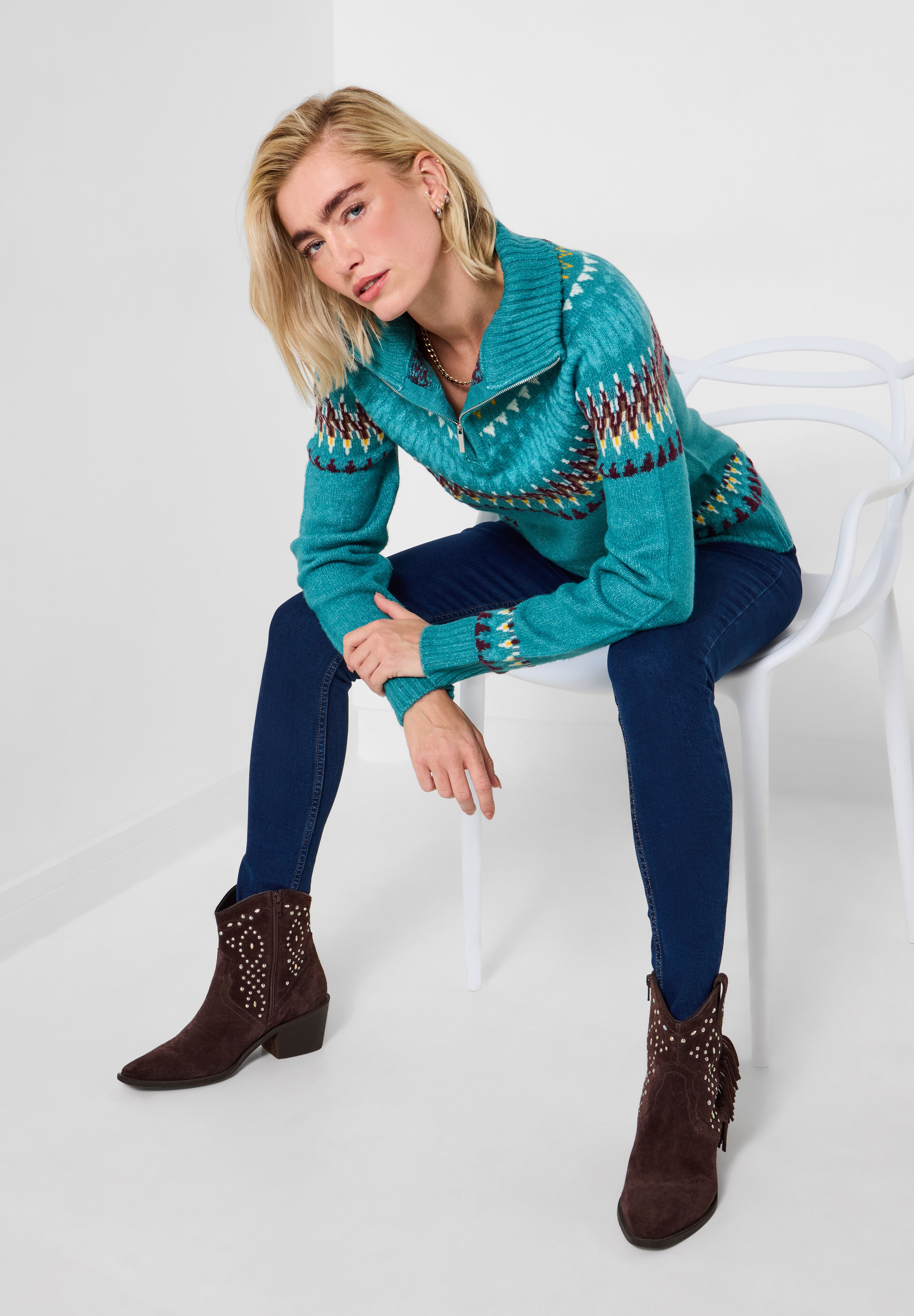 Fair Isle Quarter Zip Sweater, TEAL FAIRISLE, alternate image number 7
