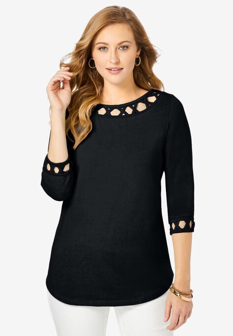 Lattice Boatneck Tunic, BLACK, hi-res image number null