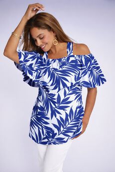 Stretch Knit Cold Shoulder Ruffle Tunic