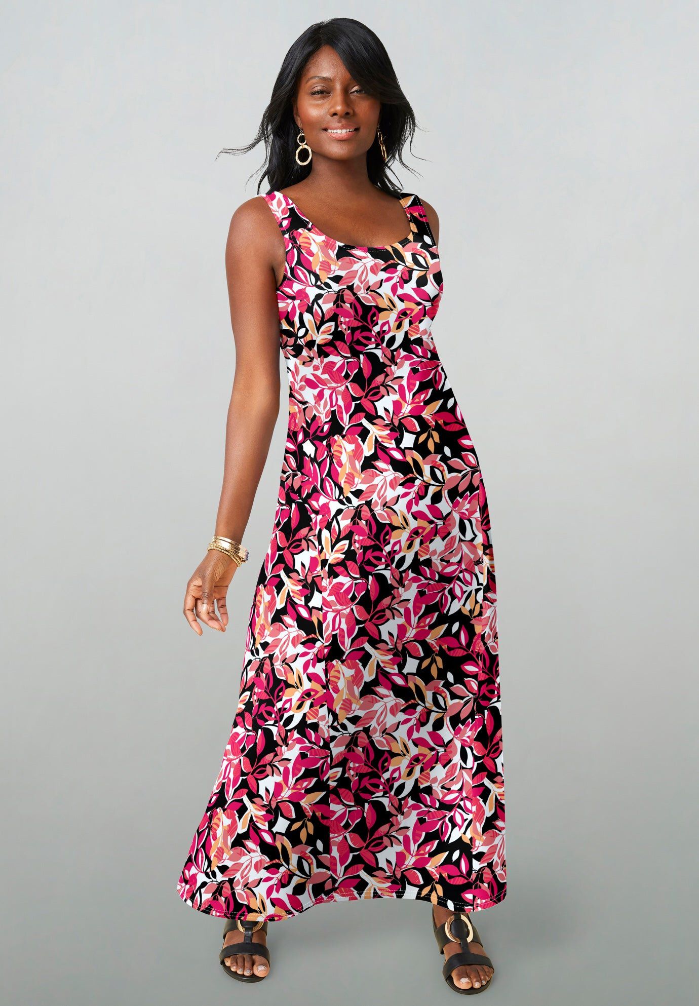 Stretch Cotton Tank Maxi Dress, TEA ROSE GRAPHIC LEAVES, hi-res image number 0