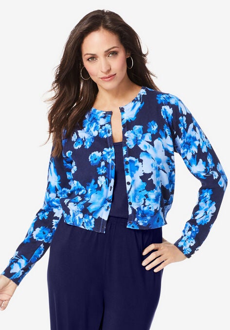Jewelneck Cardigan, NAVY FLORAL PRINT, hi-res image number null