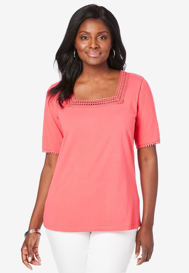 Square Neck Crochet Tee, VIBRANT WATERMELON, hi-res image number 0