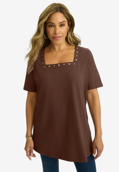 Stretch Cotton Studded Square Neck Tunic