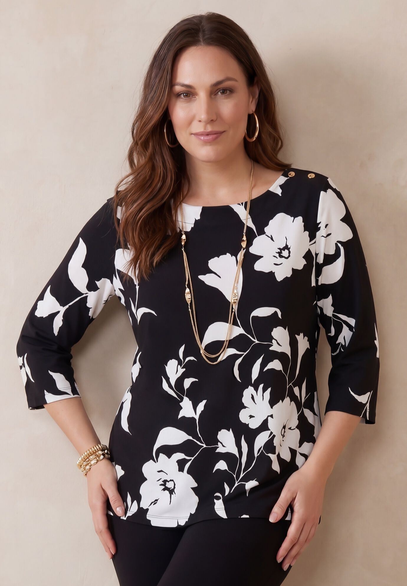 Stretch Cotton Boatneck Tunic, BLACK BOLD FLORAL, hi-res image number 0