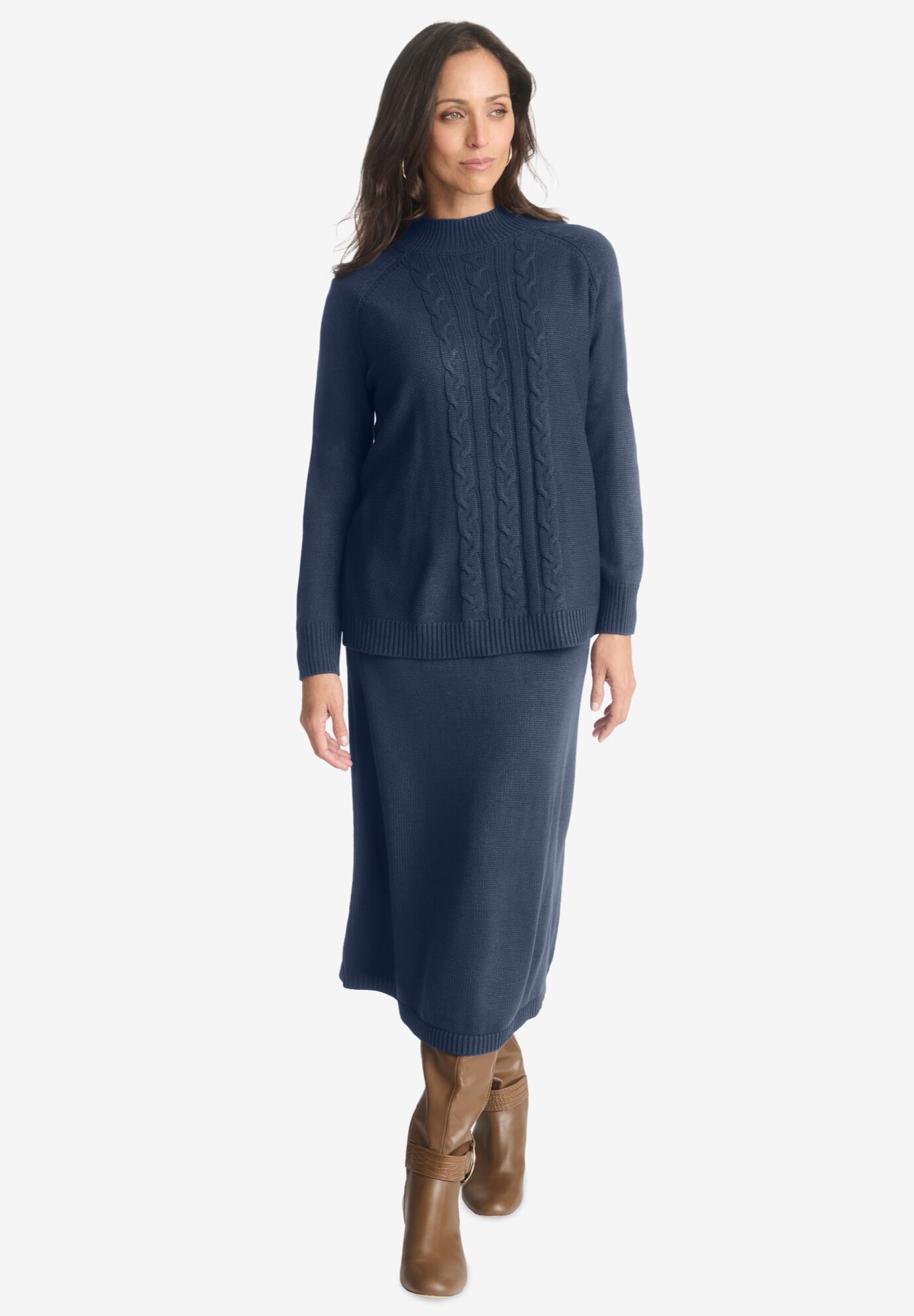2PC MOCK NECK SWEATER SKIRT SET, NAVY, hi-res image number 0