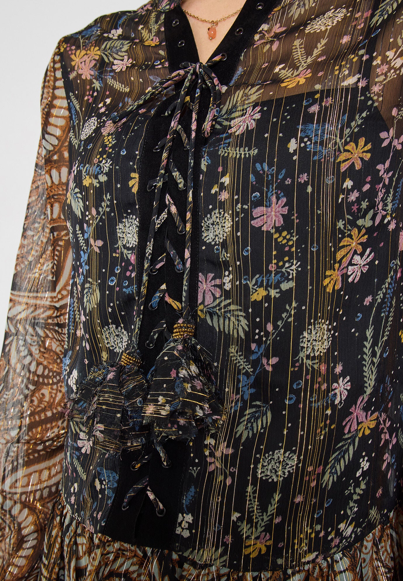 Sheer Metallic Lace-Up Blouse, METALLIC PAISLEY, alternate image number 2
