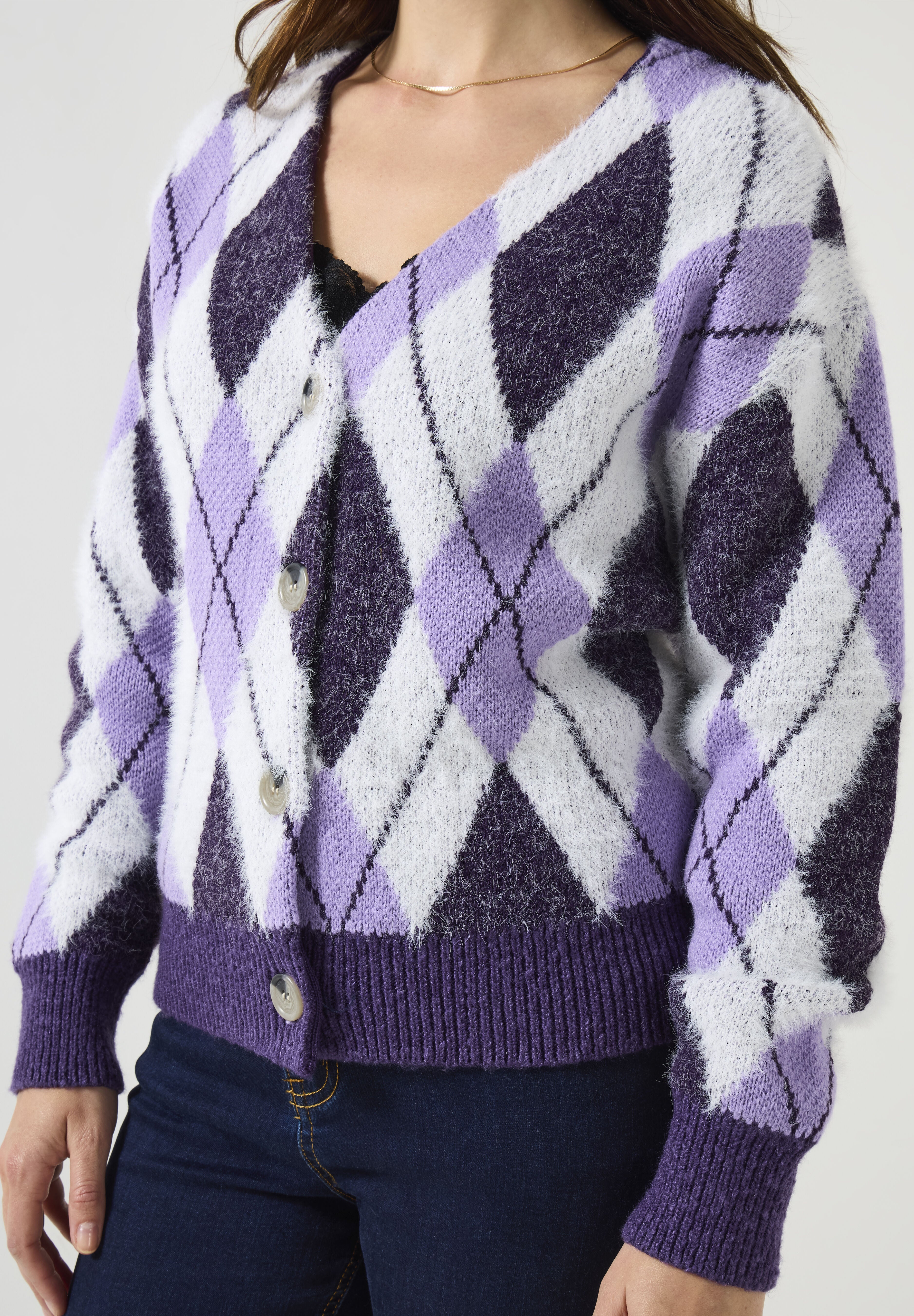 Fuzzy V-Neck Cardigan, VIOLET ARGYLE, alternate image number 2
