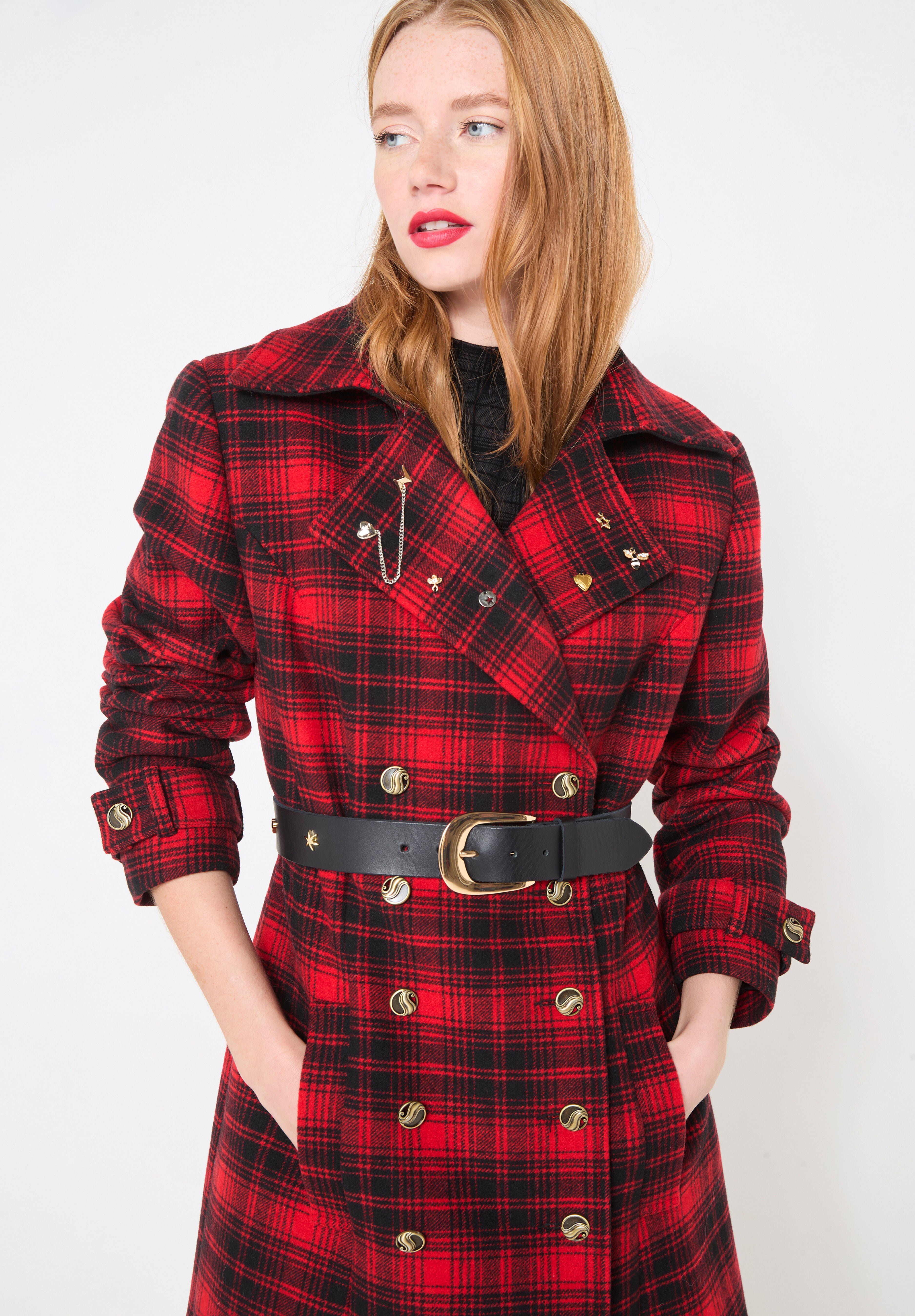 Wool-Blend Double Breasted Coat, RED MEGA PLAID, alternate image number 4