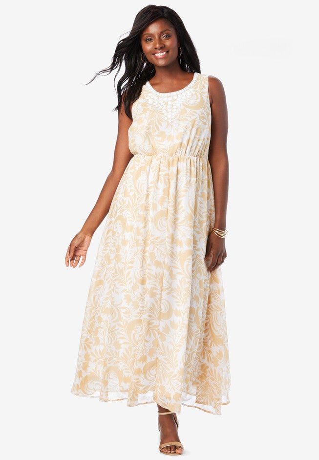 Embellished Maxi Dress, CAMEL TAN SCROLL FLOWER, hi-res image number 0