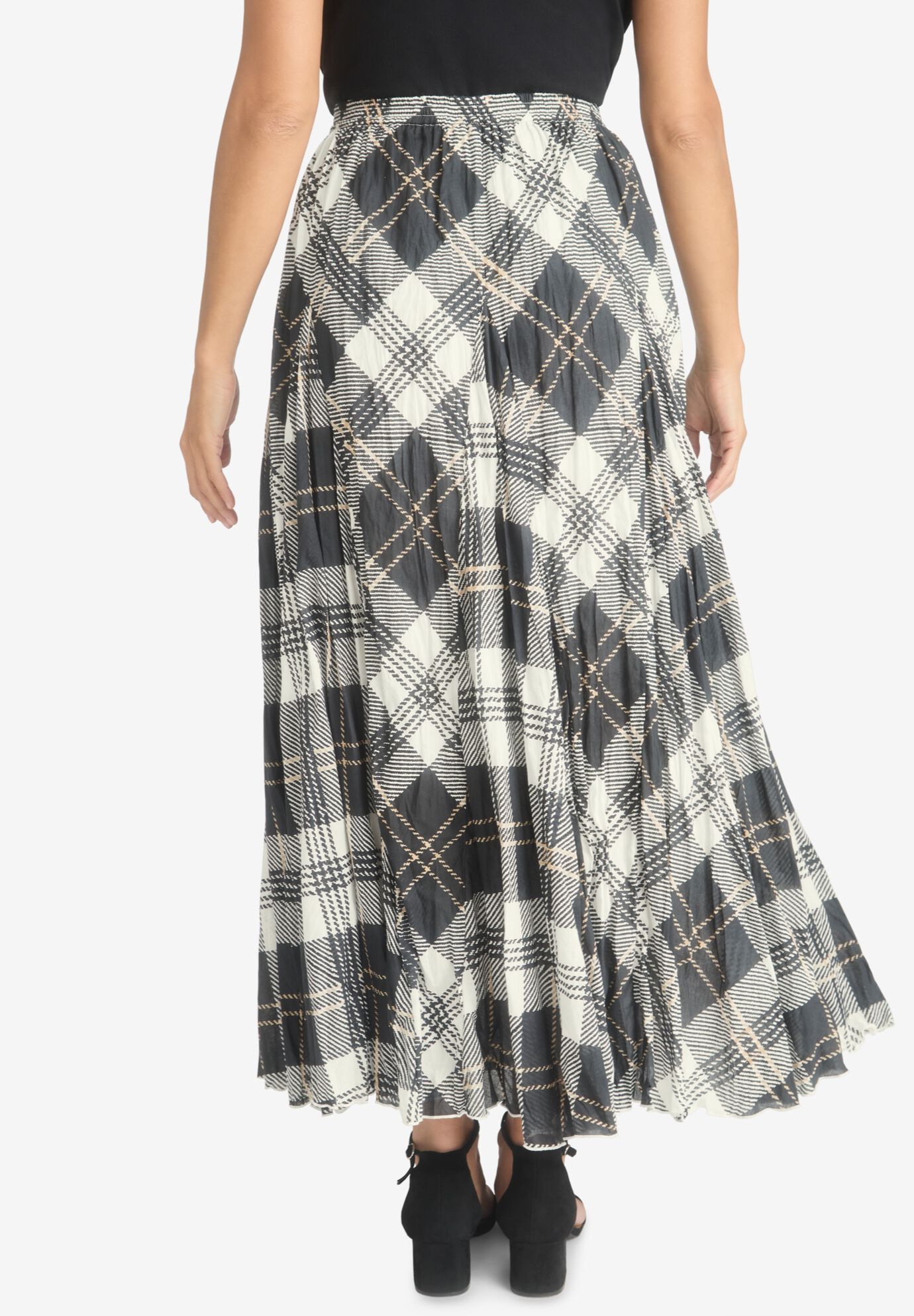 Black Crinkled Cotton Flax Elasticated Flared Midi Skirt main image 1