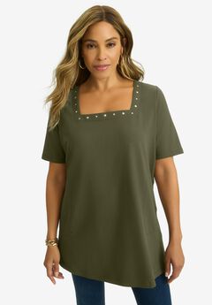 Stretch Cotton Studded Square Neck Tunic