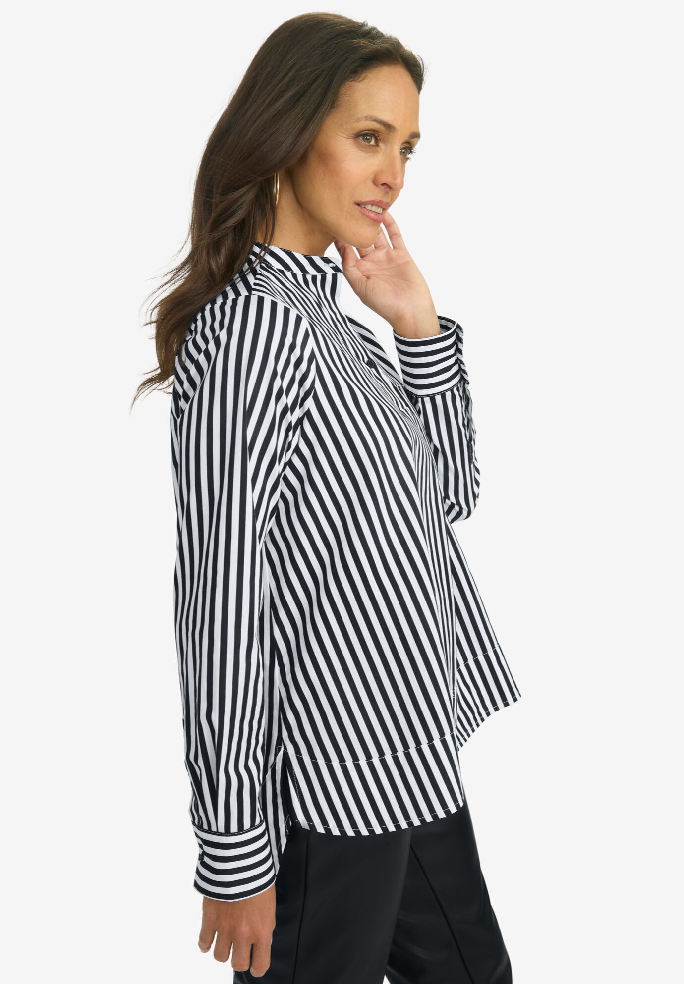 Poplin Hi-Low Henley Tunic, BLACK WHITE FEEDER STRIPE, alternate image number 2