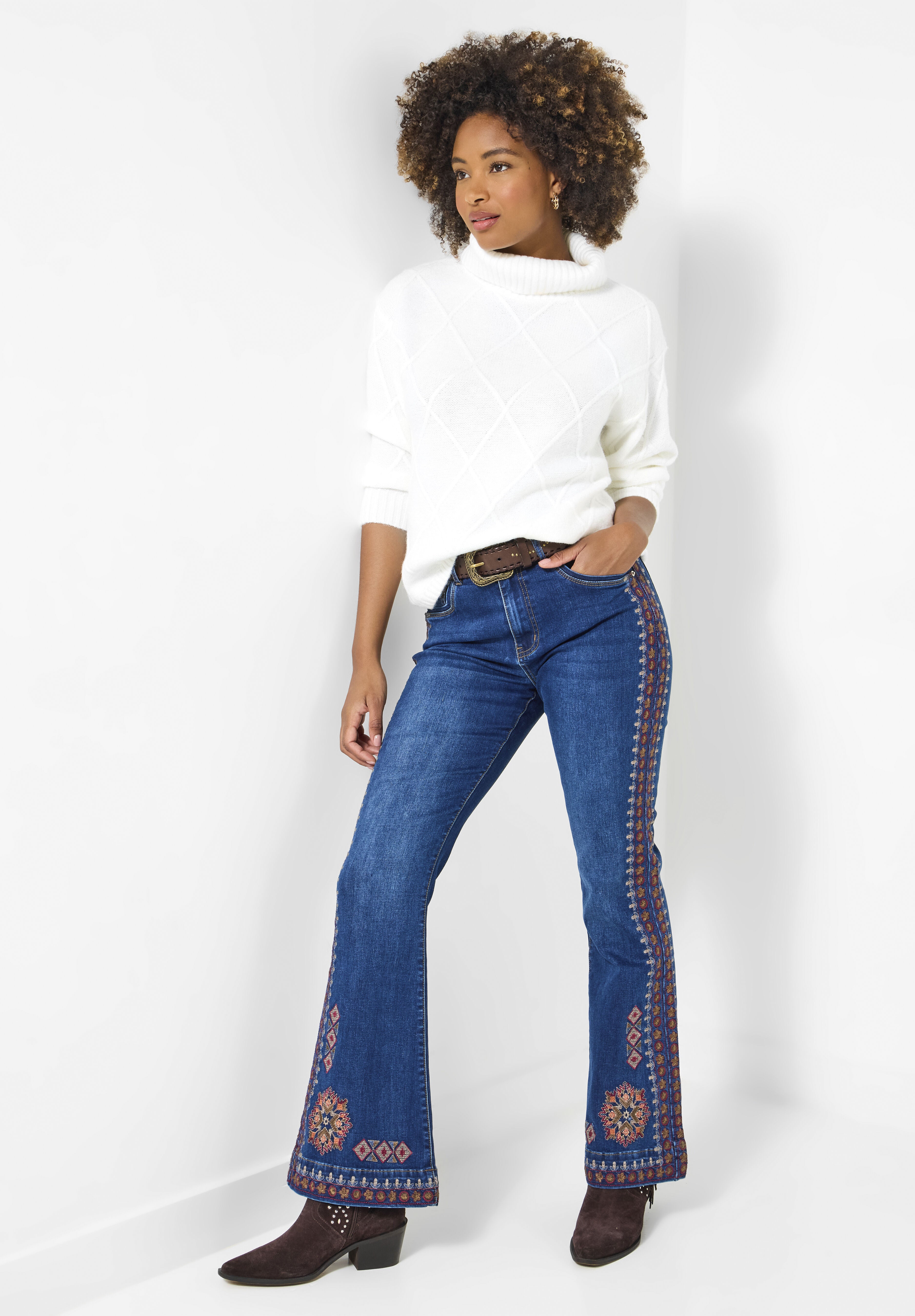 Embroidered Flare Jeans, DARK BLUE AZTEC, alternate image number 5