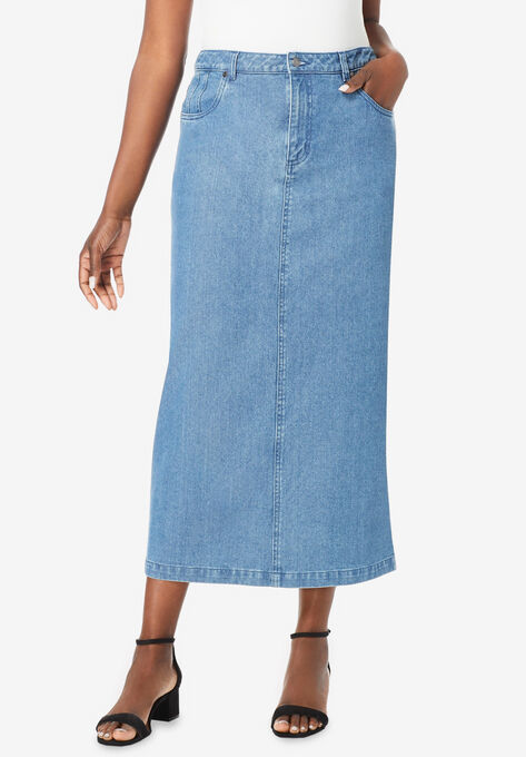 Classic Cotton Denim Midi Skirt, LIGHT WASH, hi-res image number null