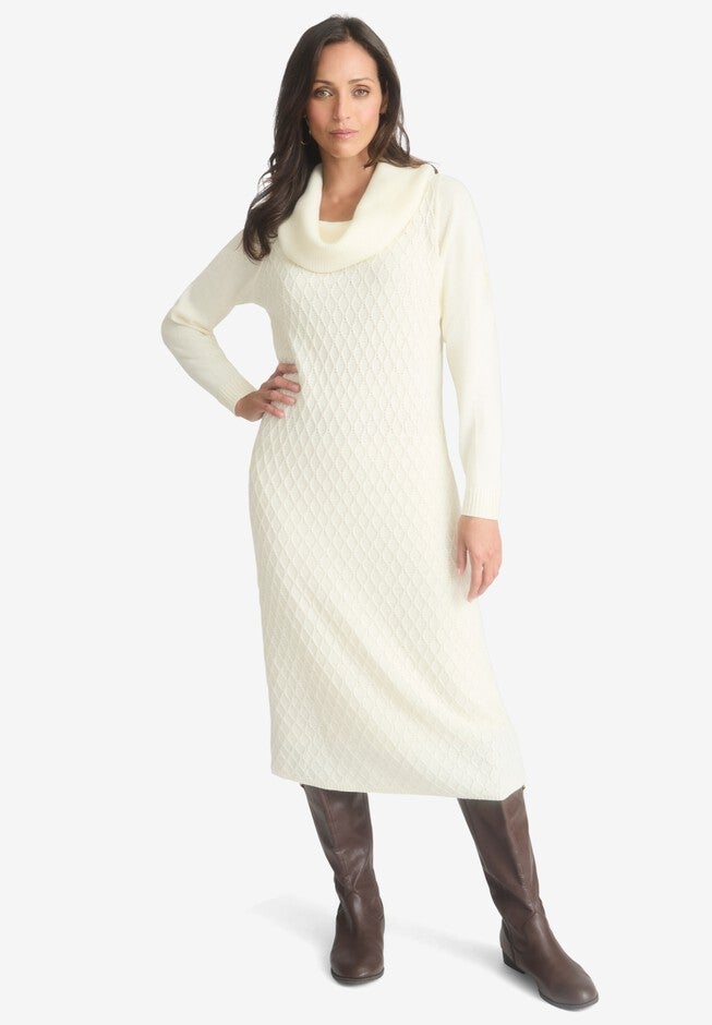 Textured Cowlneck Sweater Dress, IVORY, hi-res image number null