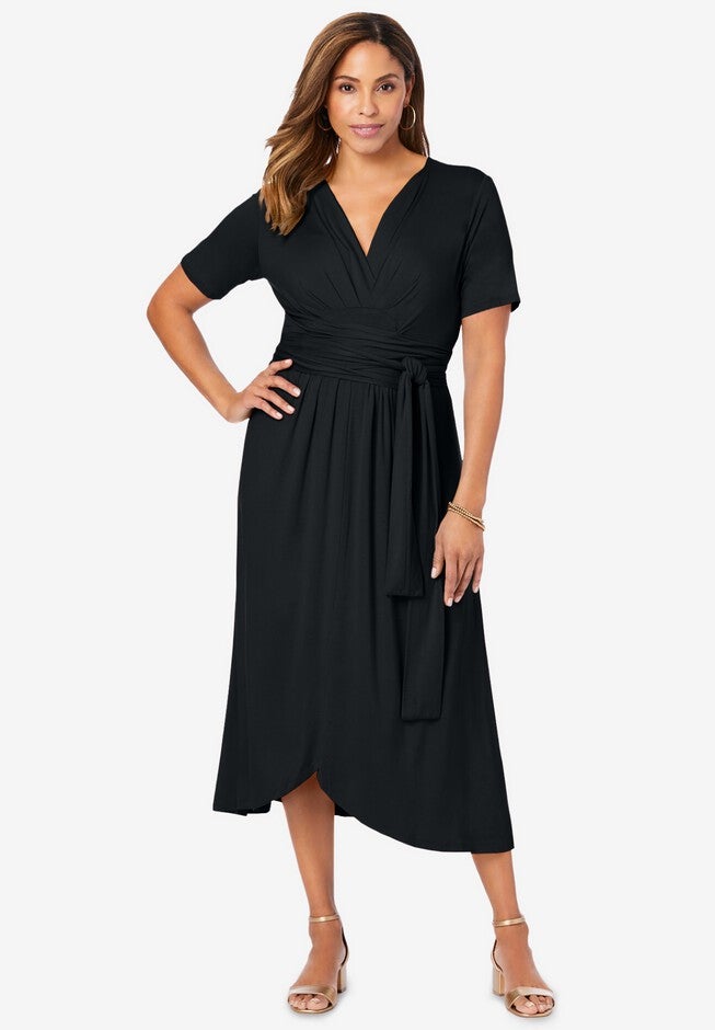 Stretch Knit Tie-Waist Midi Dress, BLACK, hi-res image number 0