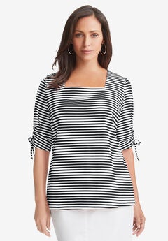 Stretch Cotton Tie Sleeve Square Neck Tee