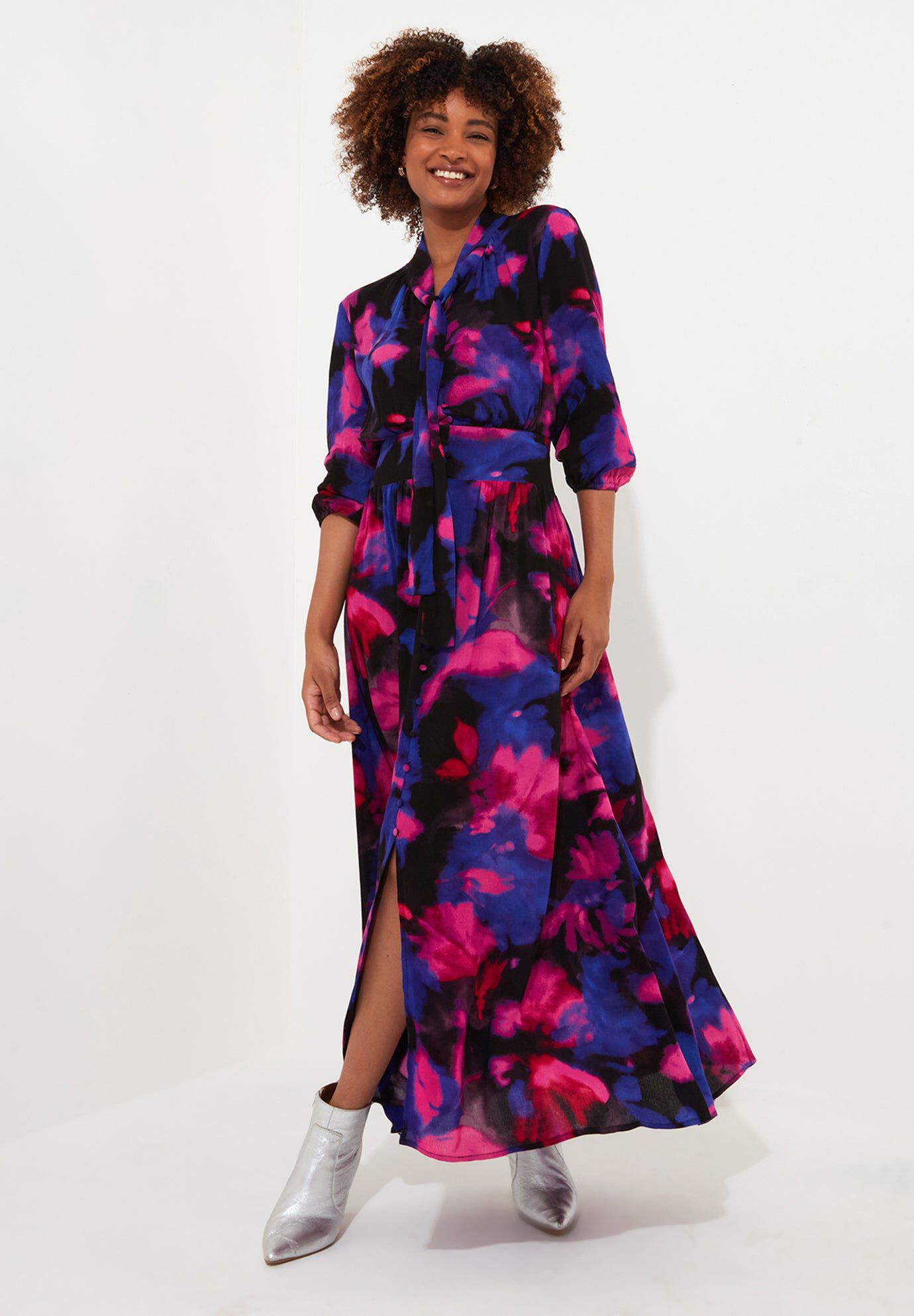 Tie Neck Printed Maxi Dress, WATERCOLOR FLORAL, hi-res image number 0