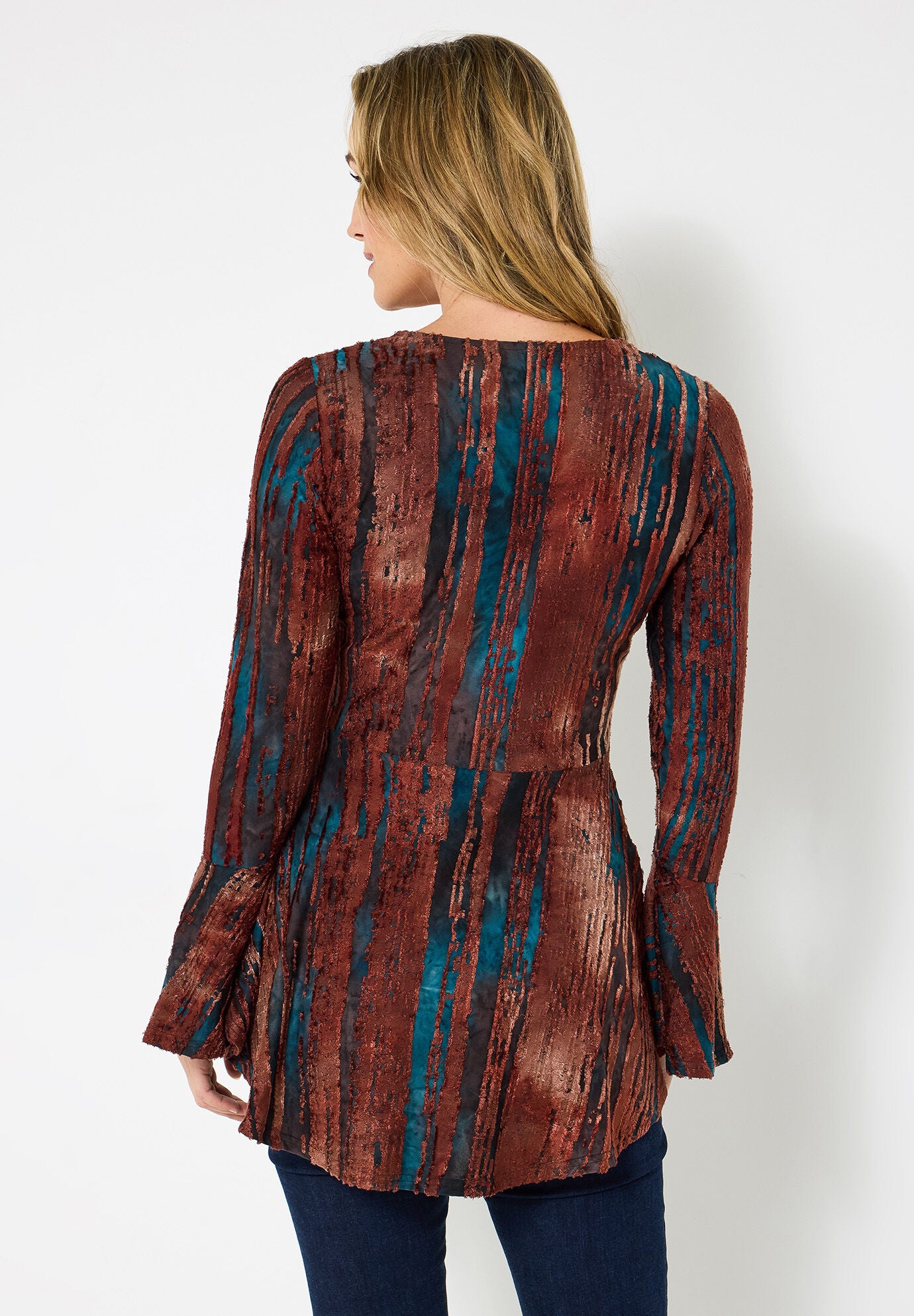 Zip Neck Bell Sleeve Top, RUST BURNOUT STRIPE, on-hover image number 1