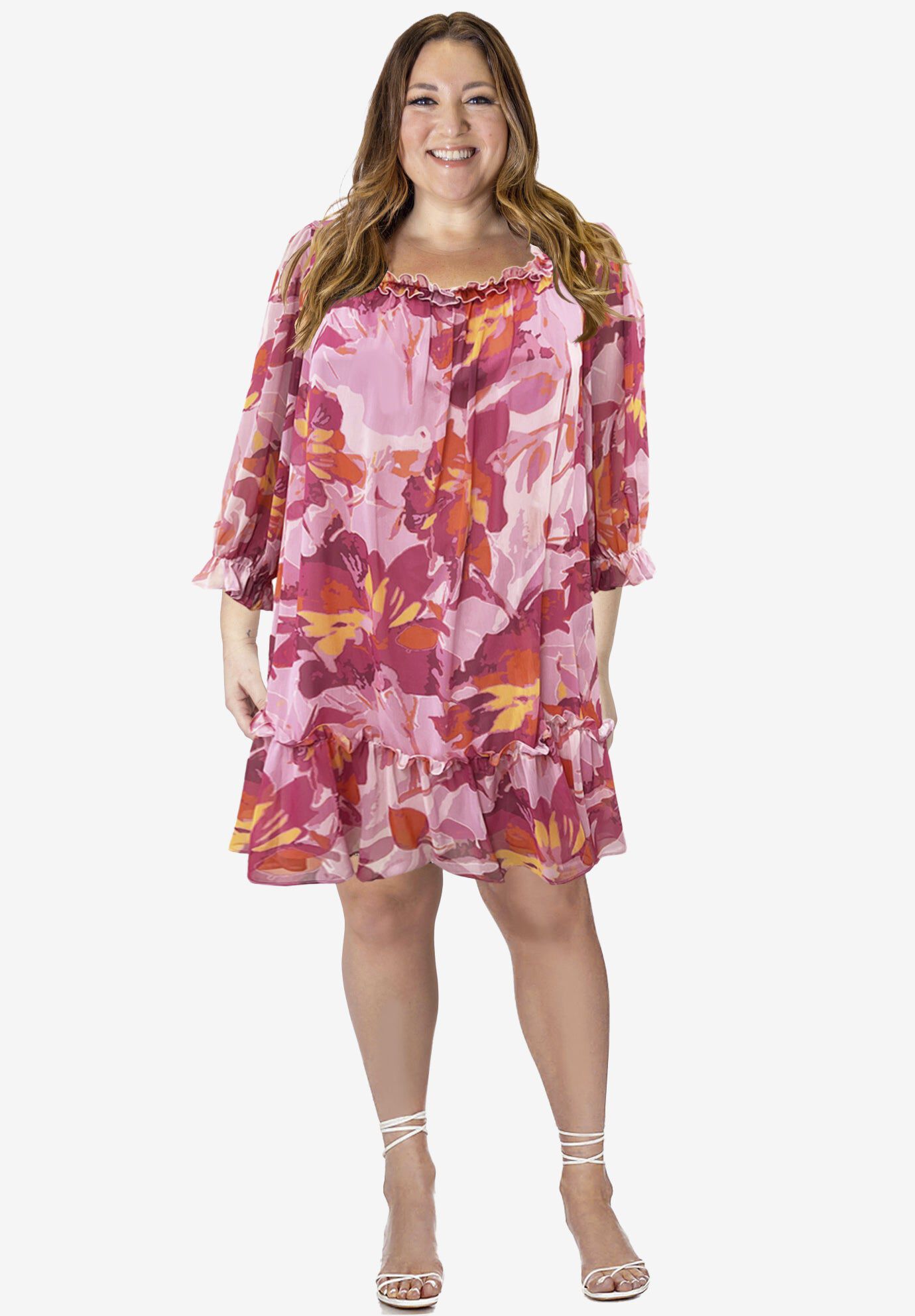 Babydoll Ruffle Dress, PINK PRINT, hi-res image number 0