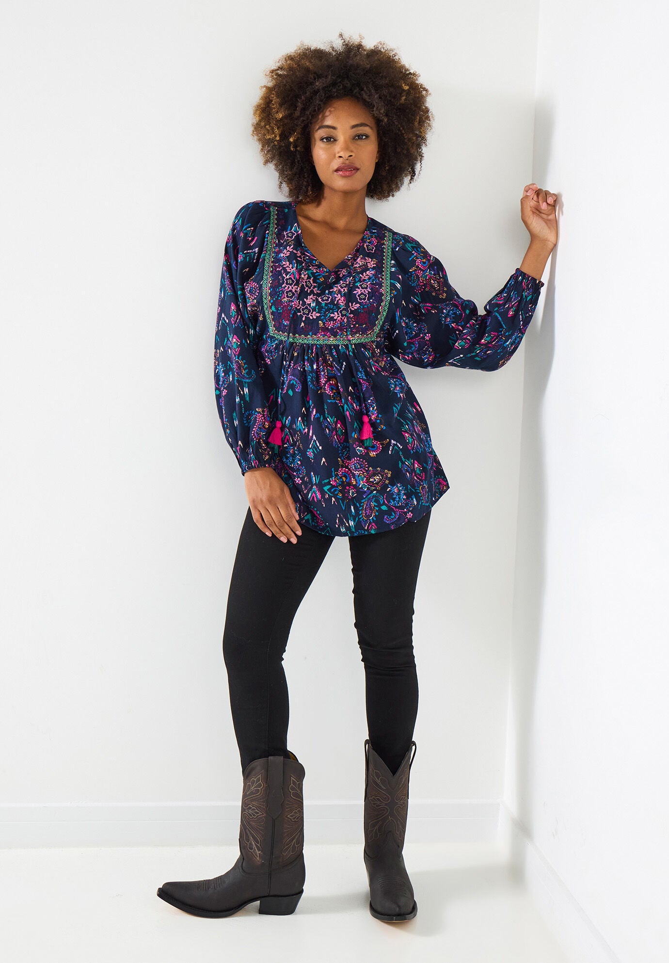 Boho Embroidered Blouse, BOHO MIXED PAISLEY, hi-res image number 0