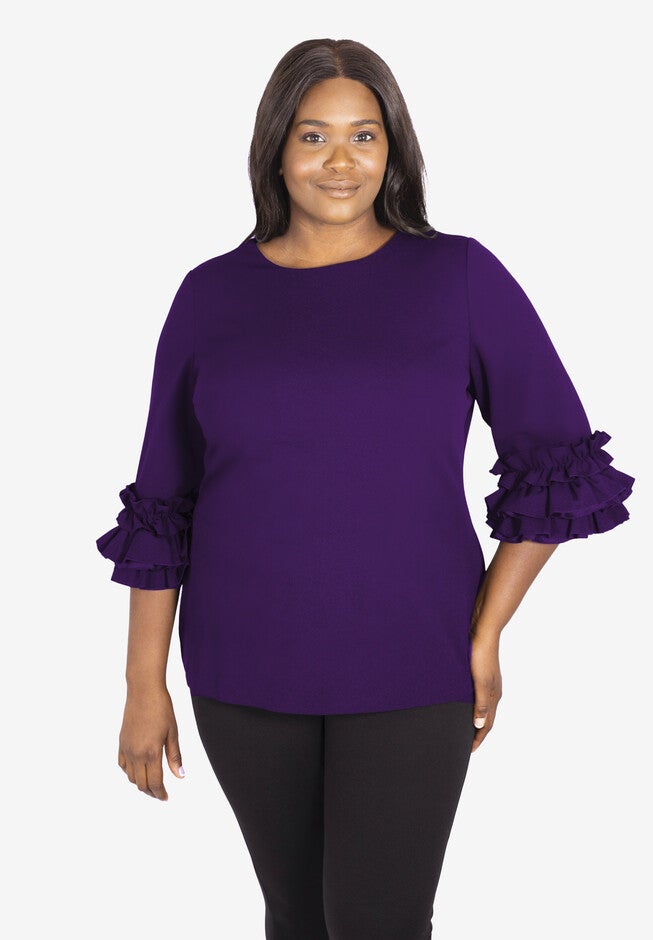Ruffle Sleeve Sweater, PURPLE, hi-res image number null