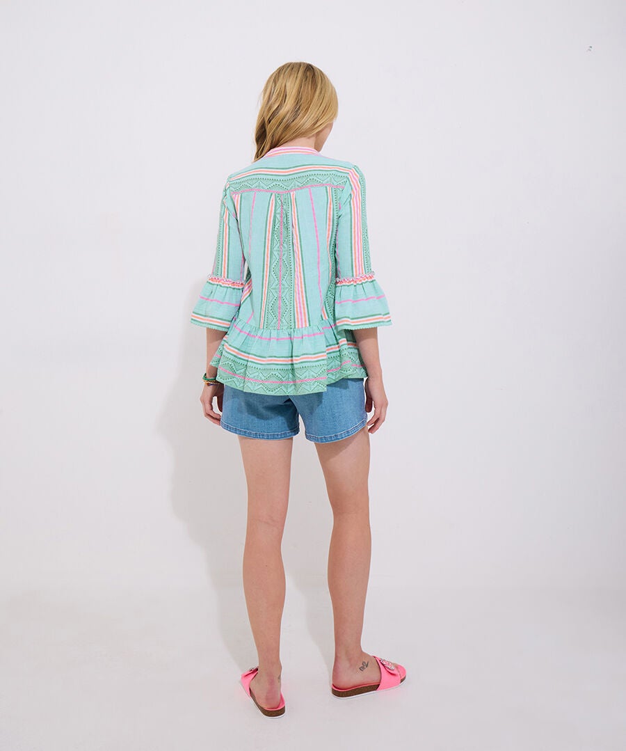 Bell Sleeve Tunic, AQUA BOHO STRIPES, alternate image number 2