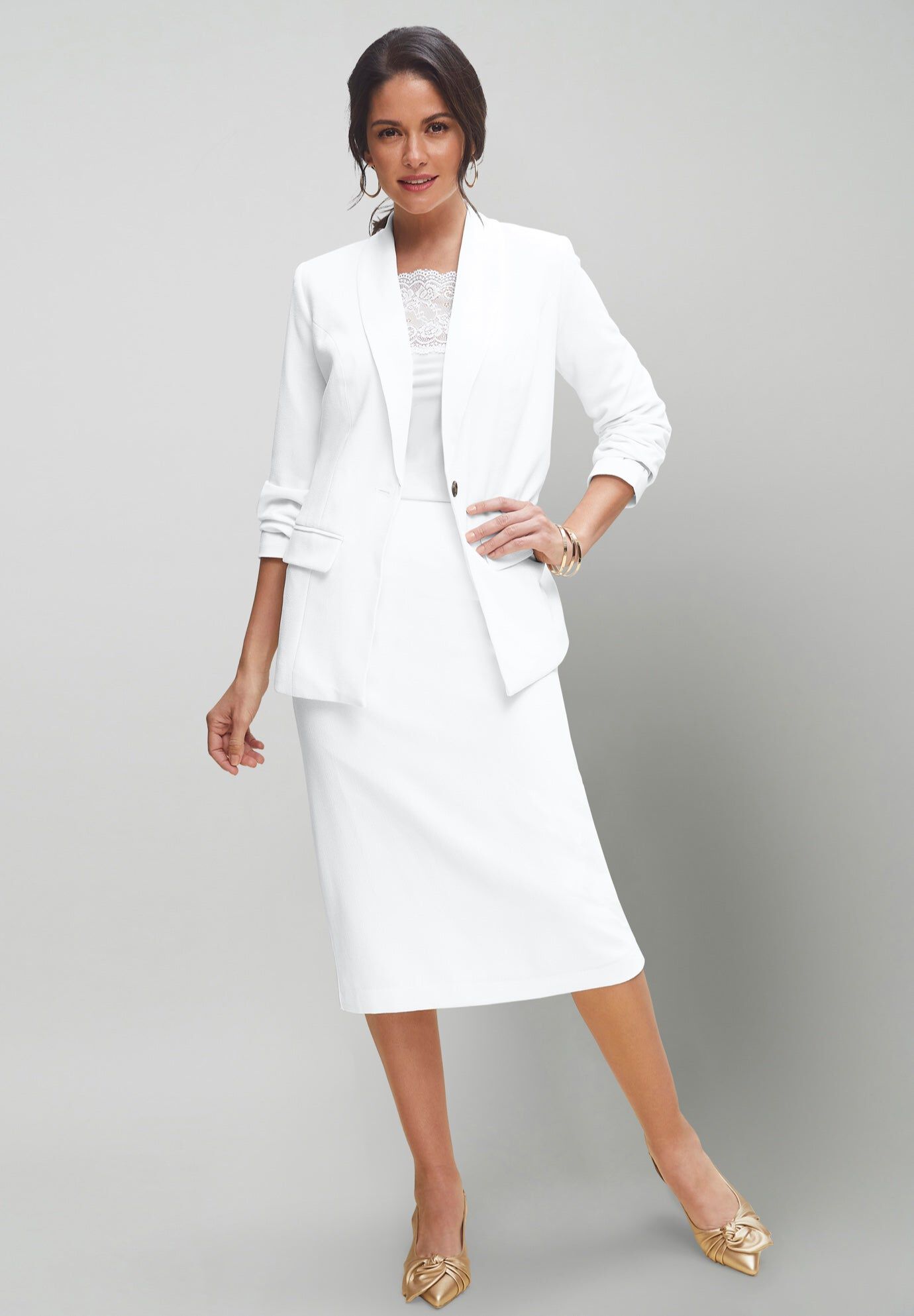 Stretch Crepe Skirt Suit Single-Breasted, White Woman Within