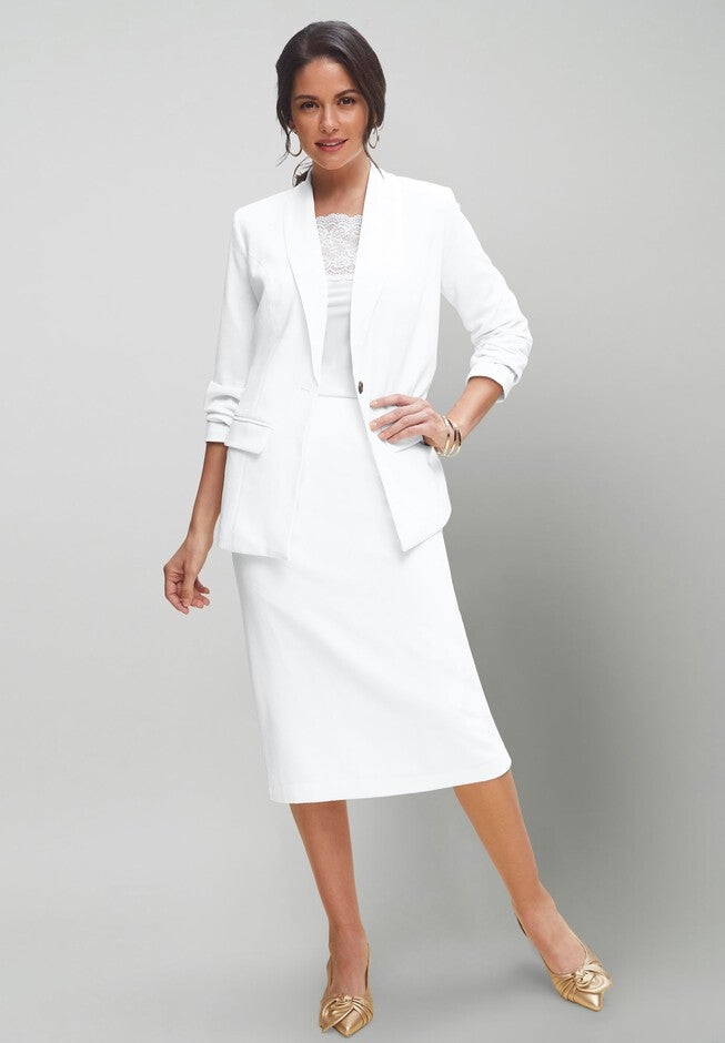Stretch Crepe Skirt Suit Single-Breasted, White Woman Within
