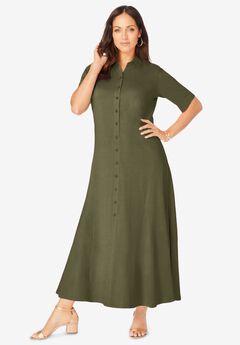Stretch Cotton Button Front Maxi Dress
