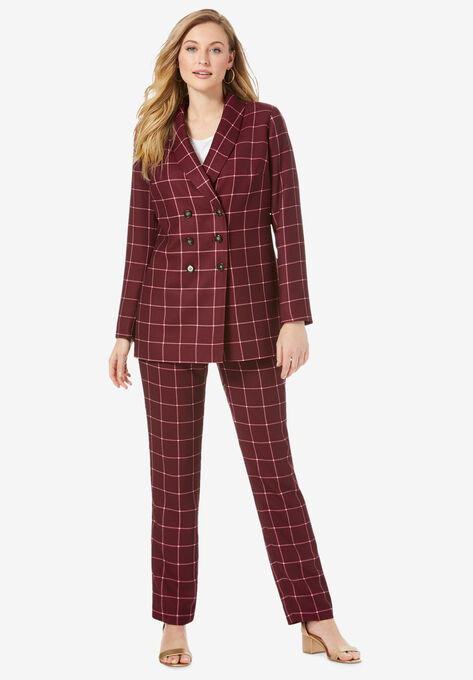 Double-Breasted Pantsuit, RICH BURGUNDY CLASSIC GRID, hi-res image number null