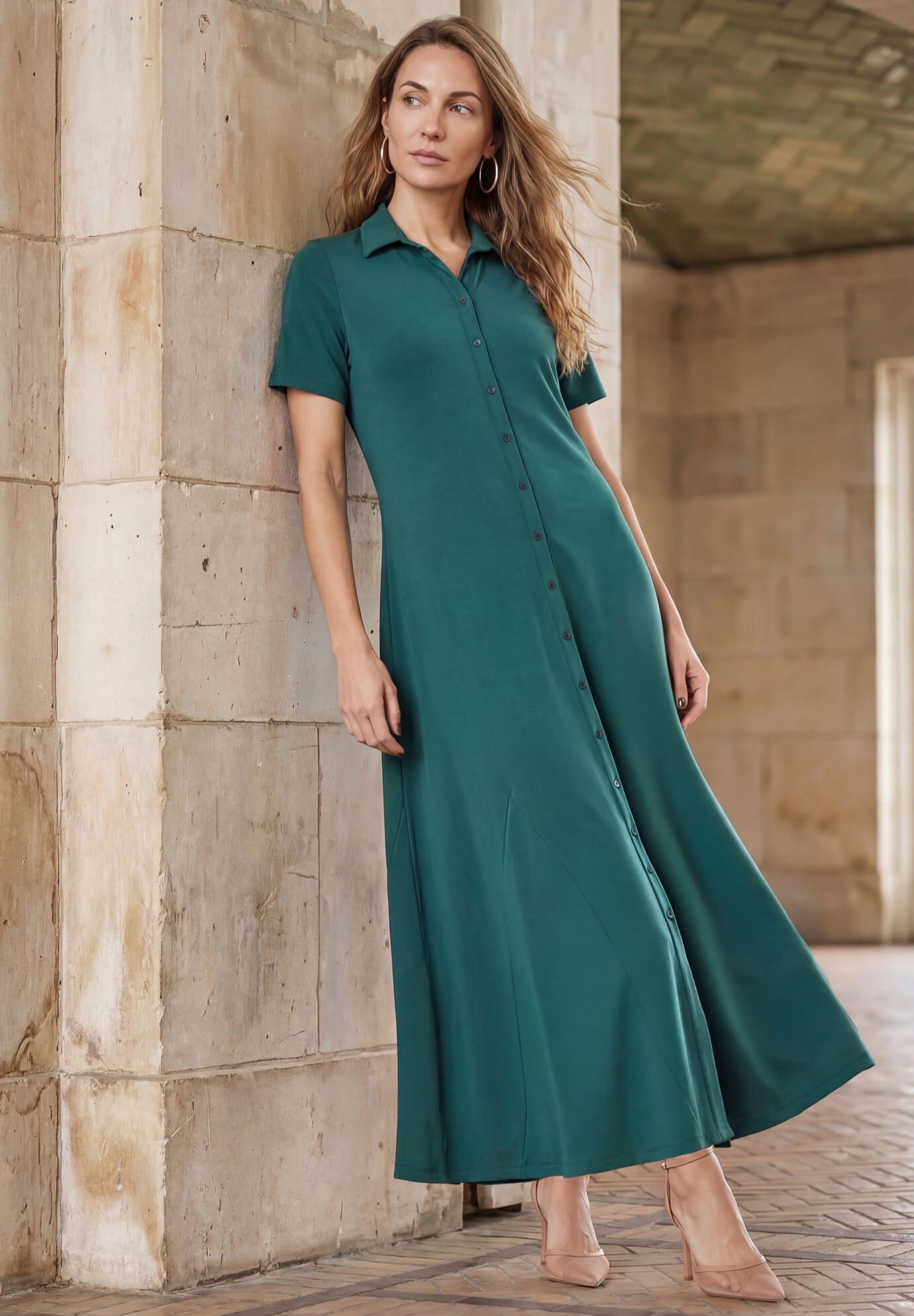 Stretch Cotton Button Front Maxi Dress, MYSTIC PINE, hi-res image number 0