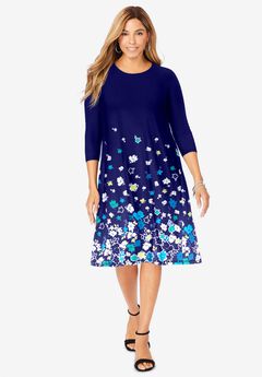 Stretch Knit Three-Quarter Sleeve T-shirt Dress
