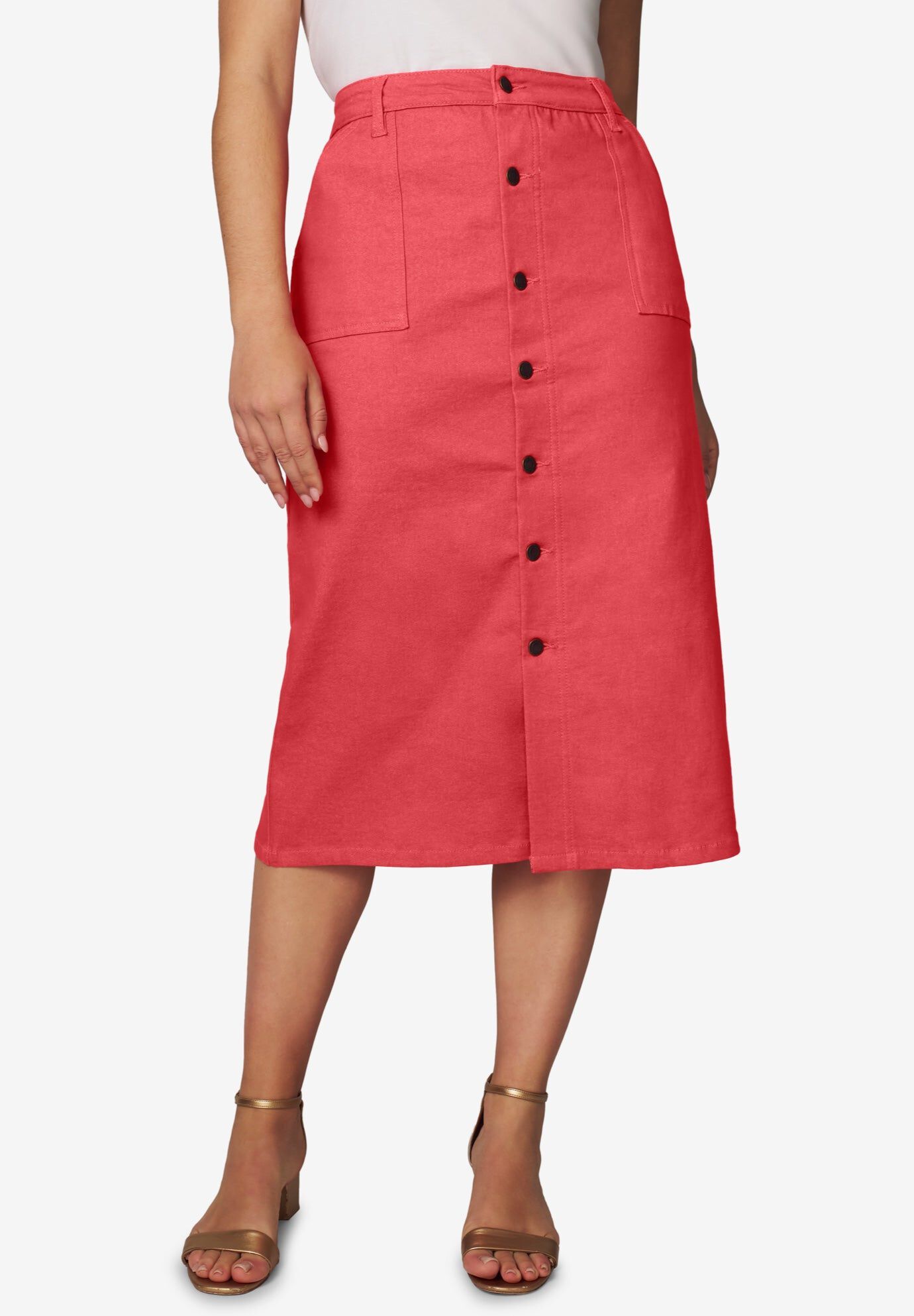 True Fit Button-Front Midi Skirt, SOFT GERANIUM, hi-res image number 0