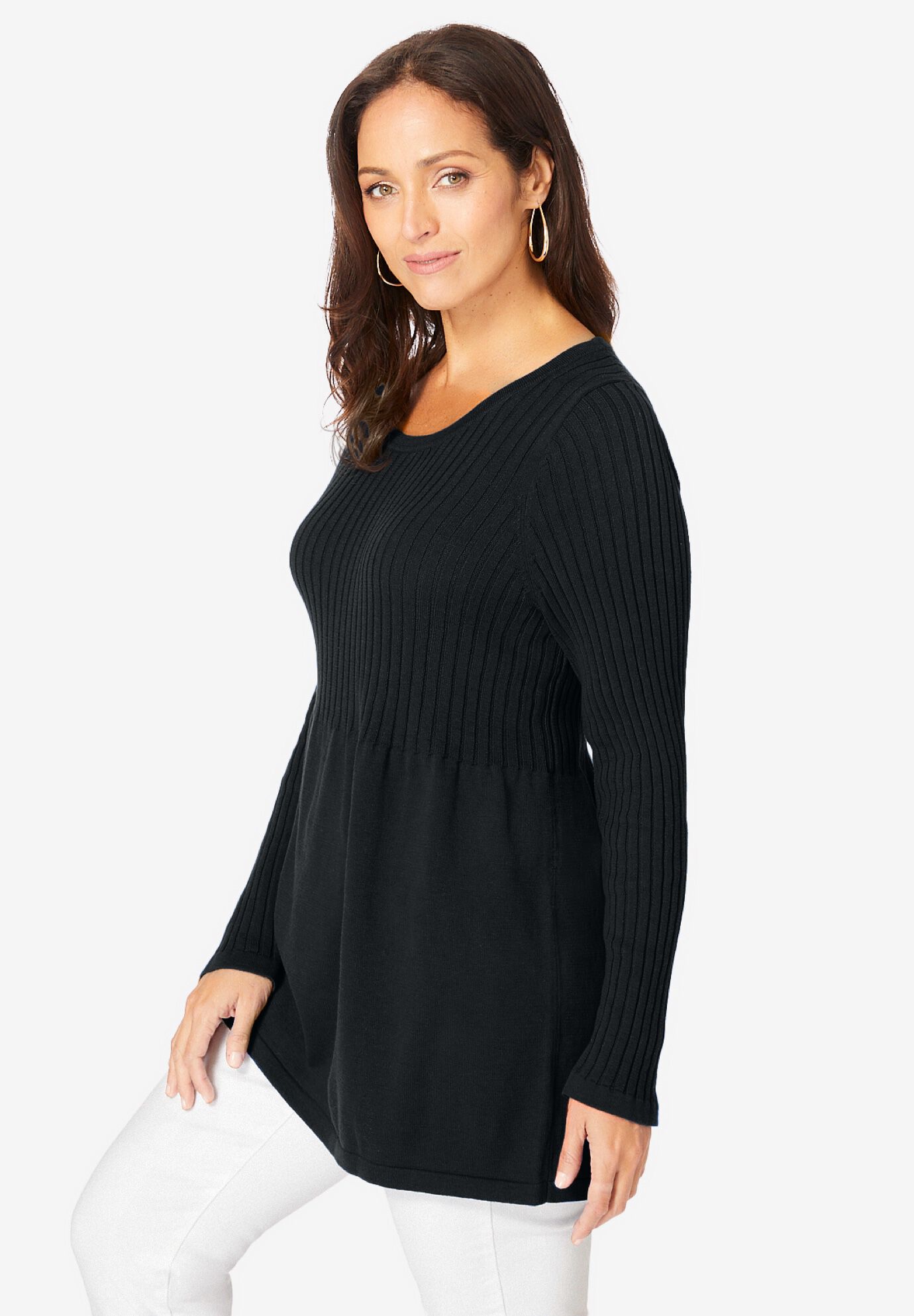 Ribbed Baby Doll Tunic Sweater, BLACK, alternate image number 3