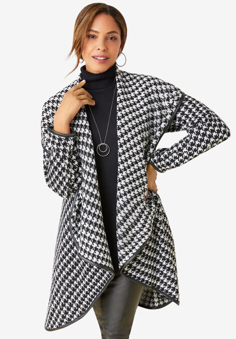 Faux Leather-Trim Sweater, IVORY HOUNDSTOOTH, hi-res image number null