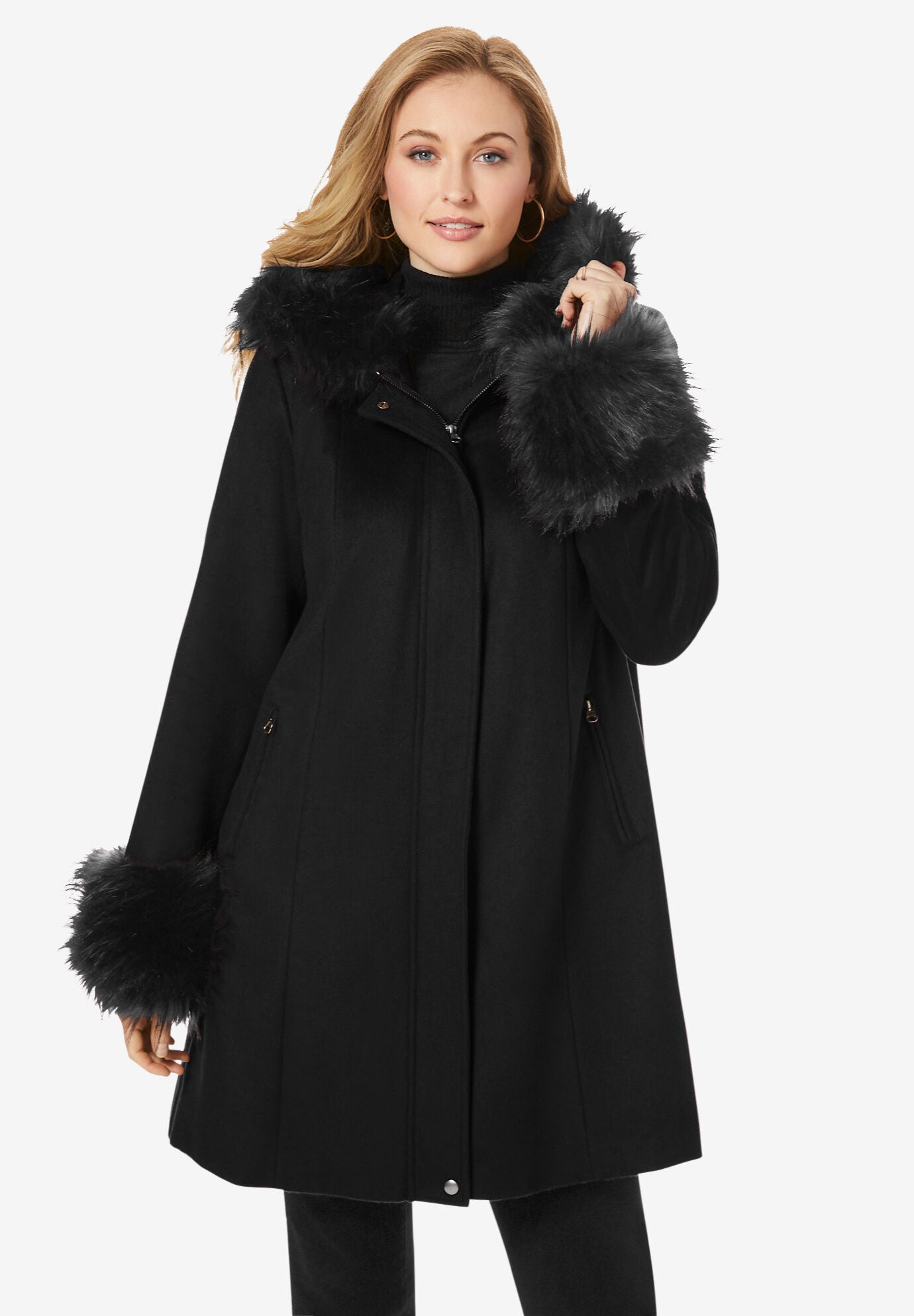Woman within top faux fur coat