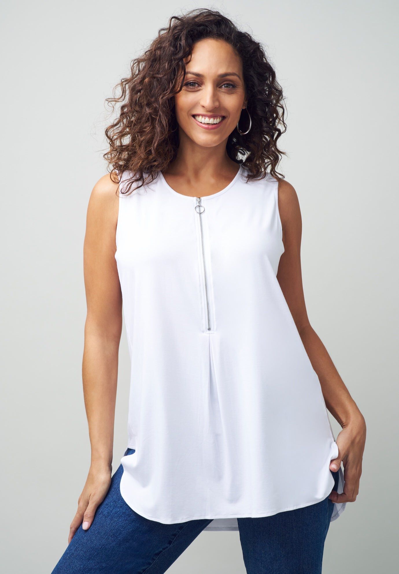 Stretch Knit Hi-Low Zip Tunic, WHITE, hi-res image number 0