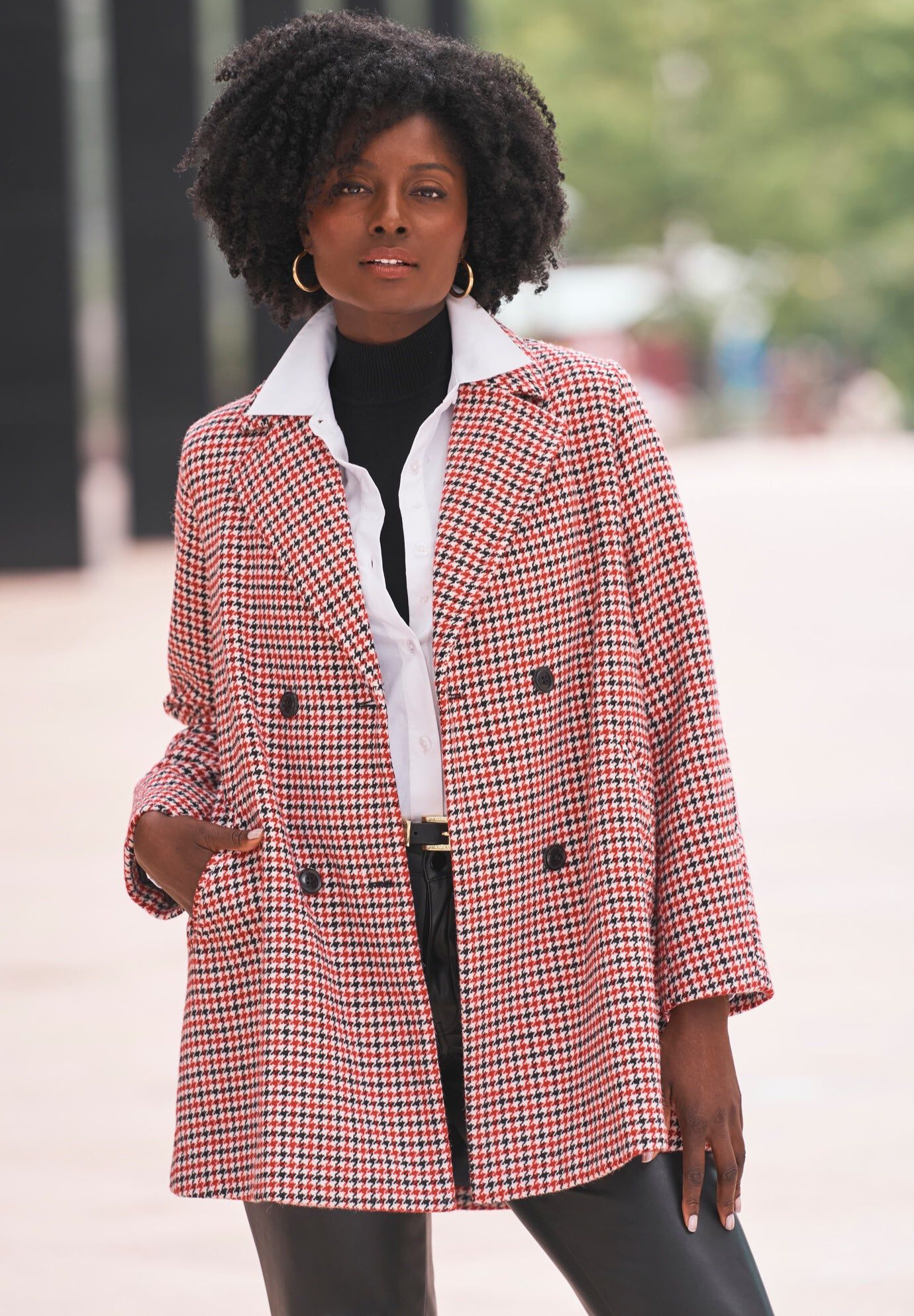 A-Line Wool Peacoat - Classic Double-Breasted, Red Black Multi